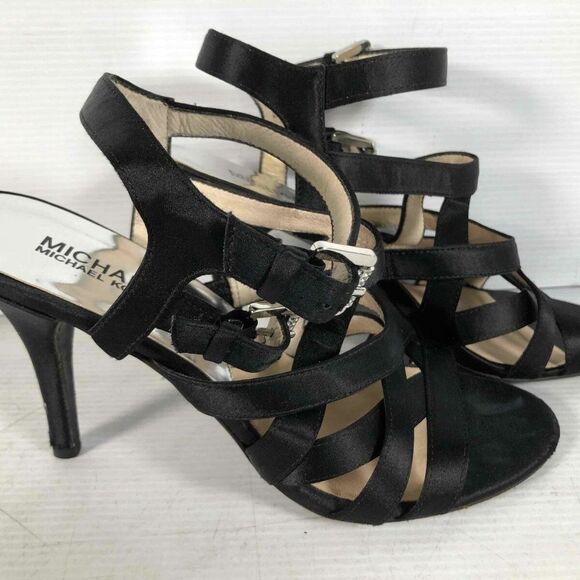 Michael Kors Black Fabric Satin Open Toe Buckle Ankle Stiletto Heel Sandals 9M - Picture 2 of 9